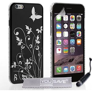Yousave Accessoires Bloemen Vlinder Hard Cover Case met Mini Stylus Pen voor iPhone 6 - Zwart/Zilver