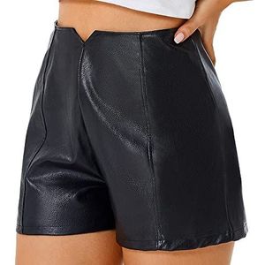 Everbellus Casual wijde pijpen shorts voor vrouwen hoge taille kunstleer shorts zwart klein, Zwart, S