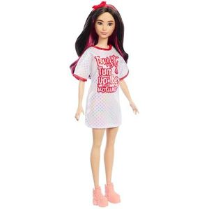 Barbie Fashionistas Pop 214, zwart golvend haar, Twist 'n' Turn jurk en accessoires, 65e verjaardag, verzamelobject, modepop, HRH12