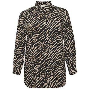 Kaffe Curve Plus-Size T-shirt voor dames, button up print, losse pasvorm, lange mouwen, Zwarte en bruine dierenprint, 44