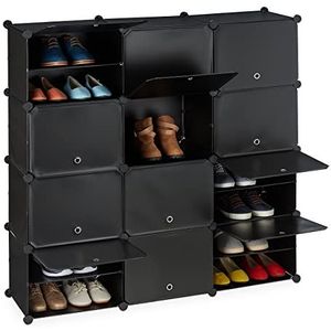 Relaxdays schoenenkast, met kleppen, HxBxD: 125 x 125 x 31,5 cm, met 24 vakken, opbergkast schoenen, kunststof, zwart