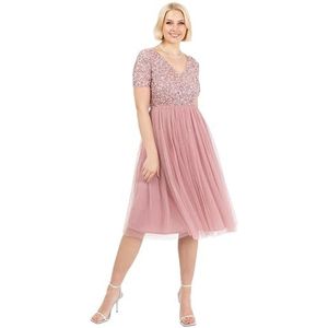 Maya Deluxe Dames verfraaide midi-avondjurk dames V-hals met korte mouw voor prom bruiloft bruidsmeisje vintage roze 10, Vintage Roos, 36
