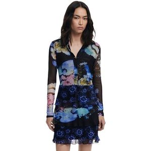 Jurk - Korte Jurk - Chiffon - Geplooide Volantrok - Lange Mouwen - Bloemenprint - Ontworpen door Mr. Christian Lacroix