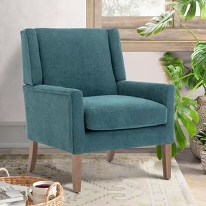 COLAMY Moderne fauteuil voor de woonkamer, gestoffeerde stoffen accentstoel, enkele stoel met loungestoel en houten poten voor slaapkamer/kantoor/leeshoeken (turquoise)