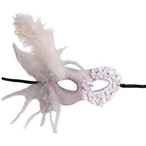 Carnival Toys Half-gezichtsmasker in wit plastic met rozen en veren decoraties met hoofd.