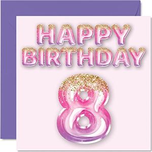 8e verjaardagskaart voor meisjes - roze en paarse glitterballonnen - gelukkige verjaardagskaarten voor 8 jaar oud meisje dochter zus kleindochter neef, 145 mm x 145 mm acht achtste verjaardag