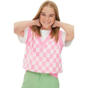 Trendyol Dames V-hals Plaid Regular Sweater Vest, Roze, L, roze, L