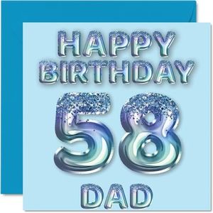 58e verjaardagskaart voor papa - blauwe glitter feestballonnen - gelukkige verjaardagskaarten voor 58-jarige vader vader van zoon dochter, 145 mm x 145 mm verjaardagskaarten cadeau