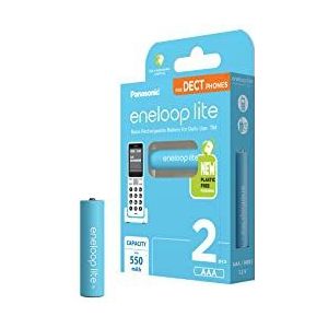 Panasonic eneloop lite, AAA/Micro herlaadbare batterijen, Ready-to-Use, 2-pack, voor draadloze telefoons (DECT), min. 550 mAh, oplaadbare batterijen in plasticvrije verpakking, Ni-MH batterij