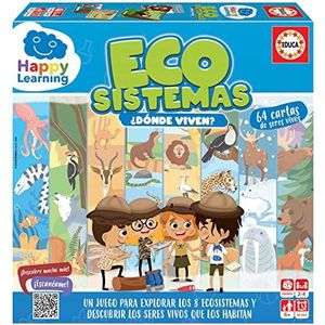 Educa - Eco-systemen Waar wonen ze? - Happy Learning, bordspel om de 8 ecosystemen te verkennen en de levende wezens die ze bewonen, 64 kaarten en actiechips, vanaf 6 jaar (19322)