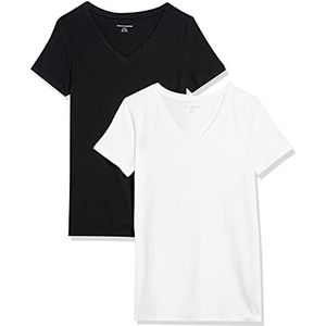 Amazon Essentials Women's T-shirt met korte mouwen en V-hals in klassieke pasvorm, Pack of 2, Wit/Zwart, XS