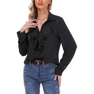 Irevial Dames satijn vintage V-hals blouse elegant lange mouwen casual bovenstuk hemd losse lange mouwen tops, A-zwart, XL