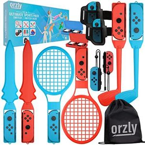 Orzly Switch Sports Games 2022 Accessoires Bundelpakket voor Nintendo Switch & Switch OLED met tennisrackets, golfclubs, Chambara-zwaarden, voetbalbeenriemen en Joycon Grips - met draagtas