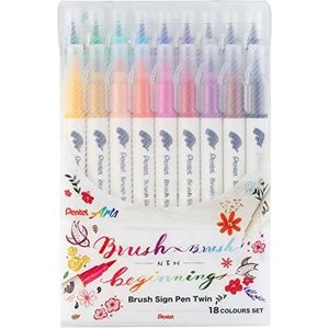 Pentel SESW30C-18 Brush Sign Pen Twin, 18-kleurenset, viltstiften met twee flexibele schrijfpunten, inkt op waterbasis, gesorteerd
