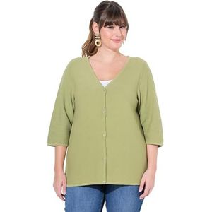 Ulla Popken Gebreid vest voor dames, grote maten, plussize, V-hals, 3/4-mouw, biologisch katoen, groen (salie), 42-44 Grote maten