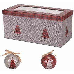 Santa's House, set van 12 kerstballen, diameter 7,5 cm, glanzend, in geschenkdoos rood geruit