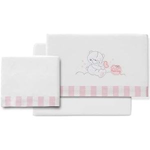 Flanellen beddengoed Honey Bear wit en roze voor babyzitje en kinderwagen