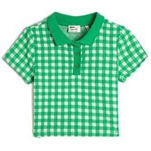 Koton Girls's Polo Crop Short Sleeve Button Detail Slim Fit Cut T-shirt, Green Check (7c9), 5-6 Jaar