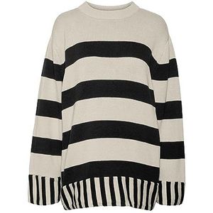 VERO MODA Dames VMELOUIS Stripe LS Oversize O-Neck Trui. Trui, Birch/Stripes: W. Zwart, S, Berk/stripes: w. Zwart, S