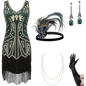 BABEYOND 1920 Gatsby-jurkenset voor dames - Great Gatsby-jurk uit de jaren 20 met V-hals, kralen en pailletten en franjes, set - donkergroen goud