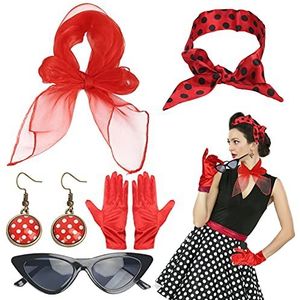 LOPOTIN 5-delige rockabilly accessoires jaren '50 damesjurk accessoires jaren '50 kostuumset met chiffon sjaal, polkadots, hoofdband, kattenoogbril, rood, kleding voor motopparty, retro deelbaar feest
