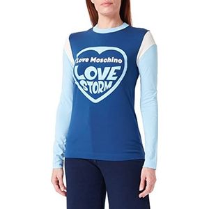 Love Moschino Dames Color Block Long-Sleeved with Love Storm Heart Water Print T-shirt, Blu Beige Sky, 42