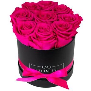 Infinity Flowerbox - 9 echte Infinity-rozen (3 jaar houdbaar zonder water), met geschenkverpakking, handgemaakt in Berlijn, cadeau voor vrouwen (roze rozen in zwarte rozenbox)
