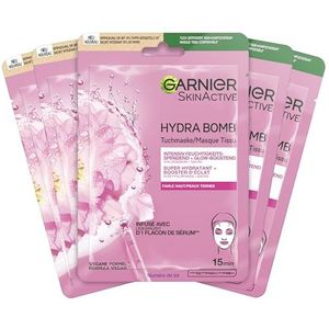 Garnier Doekmasker, gezichtsmasker voor de vale huid, glow-boostend en hydraterend, met hyaluronzuur en sakura, Hydra Bomb, 5 x 28 g
