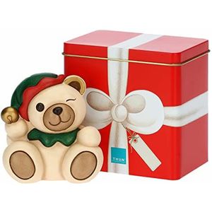 THUN - Kerstmis 2022 - decoratieve figuur teddy elf van keramiek met de hand versierd - kerstcadeau-idee 2022 - met blikken doos - 10 x 7,5 x 11,5 cm H