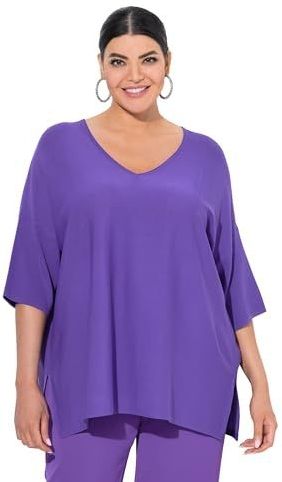 Ulla Popken - Trui - Lila - Gebreid - V-hals - Halve Mouw