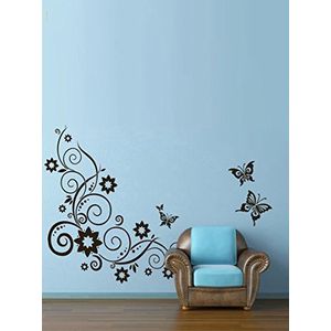 Muursticker - bloemen en vlinders - voor woonkamer, slaapkamer - zwart vinyl, 100 x 0,1 x 90 cm