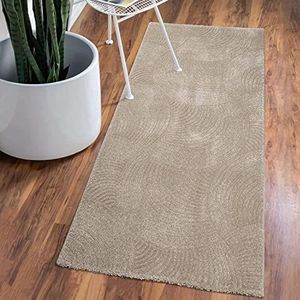 carpet city Laagpolig tapijt voor woonkamer, beige, 80 x 300 cm, loper, kapper met 3D-effect, cirkelvormig patroon voor slaapkamer, hal, eetkamer