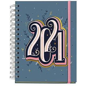 Miquielrius - Jaarplanner 2021 Happy Letters - Catalisch, weekoverzicht, afmetingen 155 x 213 mm (~ A5), papier 90 g, vaste kaft van karton, gevoerd, blauw