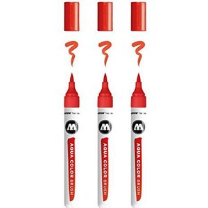 Molotow Aqua Color Brush Penseel Marker op waterbasis, penseelpunt voor aquarellen en handlettering, 3 stuks, kleur 005 zinnober rood