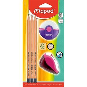Maped - Starterset voor scholieren van FSC-gecertificeerd hout - 3 x Black 'PEPS, 1 x gum ZENOA, 1 x puntenslijper CLEAN - groen, roze, blauw - willekeurige kleurkeuze, 5 stuks (verpakking van 1)