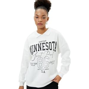 Koton Dames Polo Neck Sweatshirt Oversized Varsity Themed Bedrukte Katoen Blend, ecru(010), XS