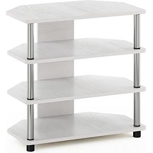 Furinno Eenvoudige montage 4-Tier Petite TV-standaard, ontworpen hout, wit eiken/roestvrij staal, 60,2 (B) x 37,1 (D) x 58,9 (H) cm