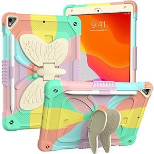 Visaccy Case voor iPad 9/8/7 10.2 Inch Kids Case Slanke Siliconen TPU Shockproof Robuuste Beschermhoes met Pen Houder Roterende Stand, Regenboog Roze