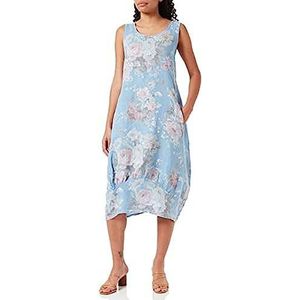 Bonateks, Lange jurk met V-hals en bloemenprint, 100% linnen, DE-maat: 42 US maat: XL, hemel - gemaakt in Italië, blauw, 42