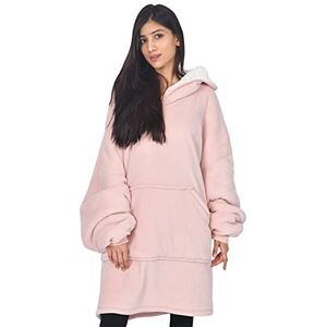 Sleepdown Unisex Womens Mens koraal fleece dubbellaags effen deken hoodie warme zachte gezellige loungewear, roze, Eén maat