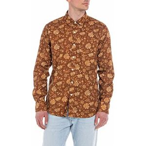 Replay Herenhemd met lange mouwen van katoen, 010 Lt Bruin Met Gedrukte Bloemen, XS
