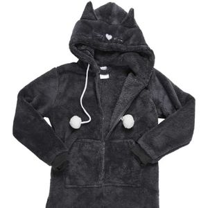 HOME DECO FACTORY, TX9490, Zwarte Kawaii jumpsuit voor volwassen katten, zachte en warme pyjama met capuchon, speels ontwerp met 3D-oren, staart en bedrukte poten, comfortabel en los