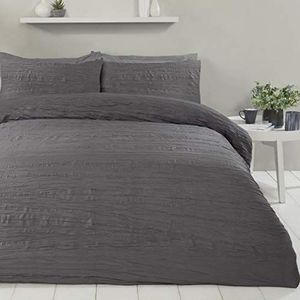 Sleepdown Super zachte textuur Crinkle Charcoal Grey Luxe Dekbedovertrek Quilt Beddengoed Set met Kussenslopen-Dubbel (200cm x 200cm), Polyester