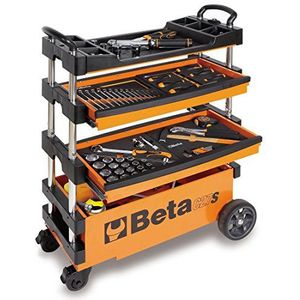 BETA C27S Gereedschapswagen, werkbank inklapbaar (gereedschapskast met laden, 2 stijve en 2 stuurbare wielen, incl. 2 laden, met centrale vergrendeling, afmetingen: 990 x 390 x 700 mm), oranje/zwart