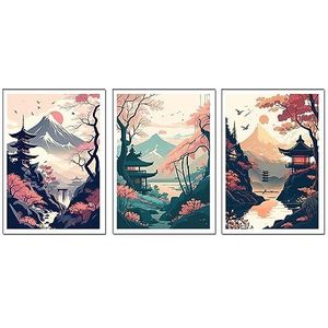 DKORARTE Set van 3 afbeeldingen op houtbasis, decoratie voor moderne woonkamer, slaapkamer, kamer, oosters, Japan, Chinees, met metalen hangers (29 x 20 cm per foto)