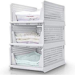 Yorbay Stapelbare garderobe-organizer, 3 stuks, kledingopbergdoos, uittrekbare ladeverdelers, opvouwbare plastic manden mand kubussen planken voor thuiskantoor slaapkamer, beige, herbruikbaar (43x33x19cm)