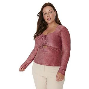 Trendyol Vrouwen vrouw getailleerde Bodycon vierkante kraag gebreide plus grootte blouse shirt, Dusty Rose, 3XL, Stoffige Roos, 3XL grote maten