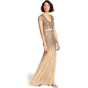 Adrianna Papell Damesjurk, lange jurk met kralen en V-hals, kapmouwen en tailleband, Naakt, 4