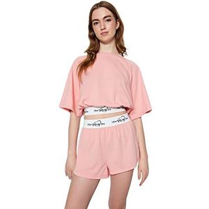 Trendyol Dames effen elastische taille gedetailleerde gebreide T-shirt-korte pyjama set, lichtroze, XL, Lichtroze, XL