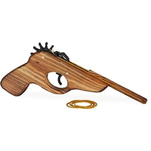 Relaxdays rubberen band pistool, speelgoedpistool van hout, met 5 rubberen band, grappig speelplezier voor kinderen, outdoor, natuur